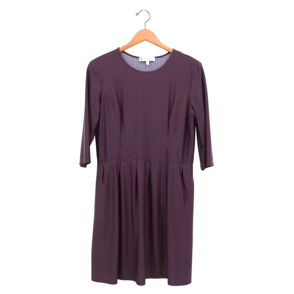 Jude Connally Brynn Fit & Flare Pleated Waist 3/4 Sleeve Navy Red Dot Dress L